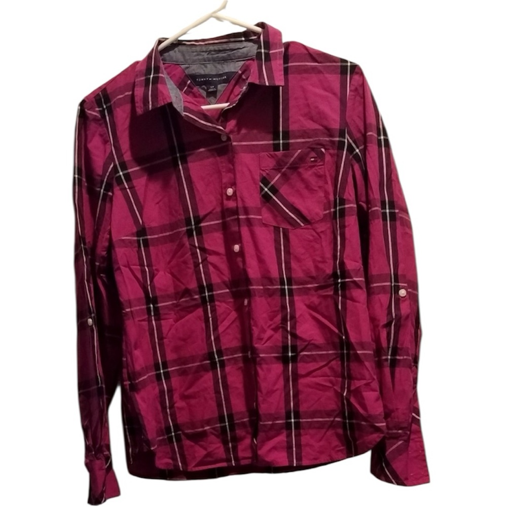 TOMMY HILFIGER womens size small/ petite pink plaid button up long sleev…